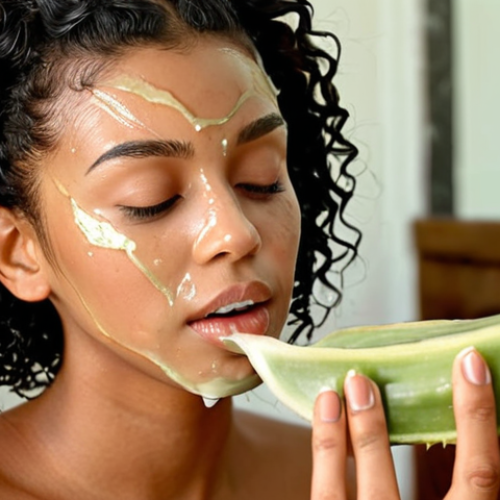 Home 4 **Natural Hair Beauty:** A woman applying a homemade hair mask made of aloe vera and honey. Focus on natural ingredients and healthy hair.