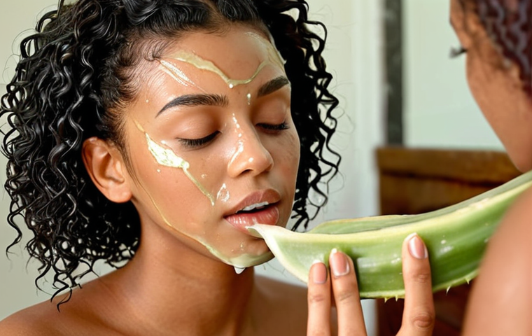 **Natural Hair Beauty:** A woman applying a homemade hair mask made of aloe vera and honey. Focus on natural ingredients and healthy hair.